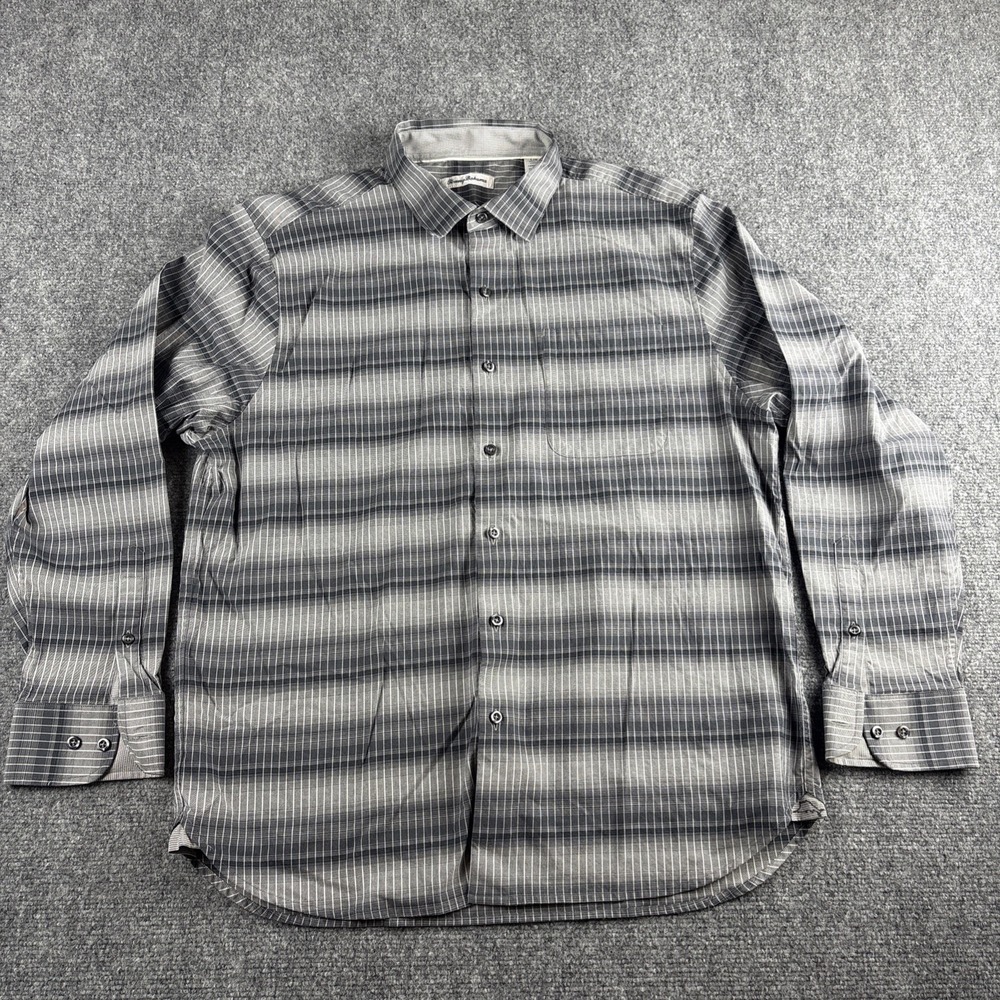 Tommy Bahama Mens Lazlo Ombre Stripe Silk Blend Button Down Shirt Gray Large